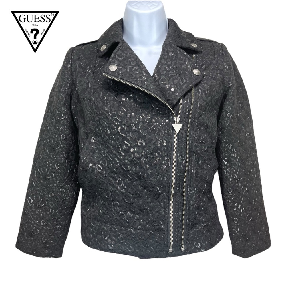 GUESS Women’s XS Black Leopard‎ Animal Print Biker Style Jacket